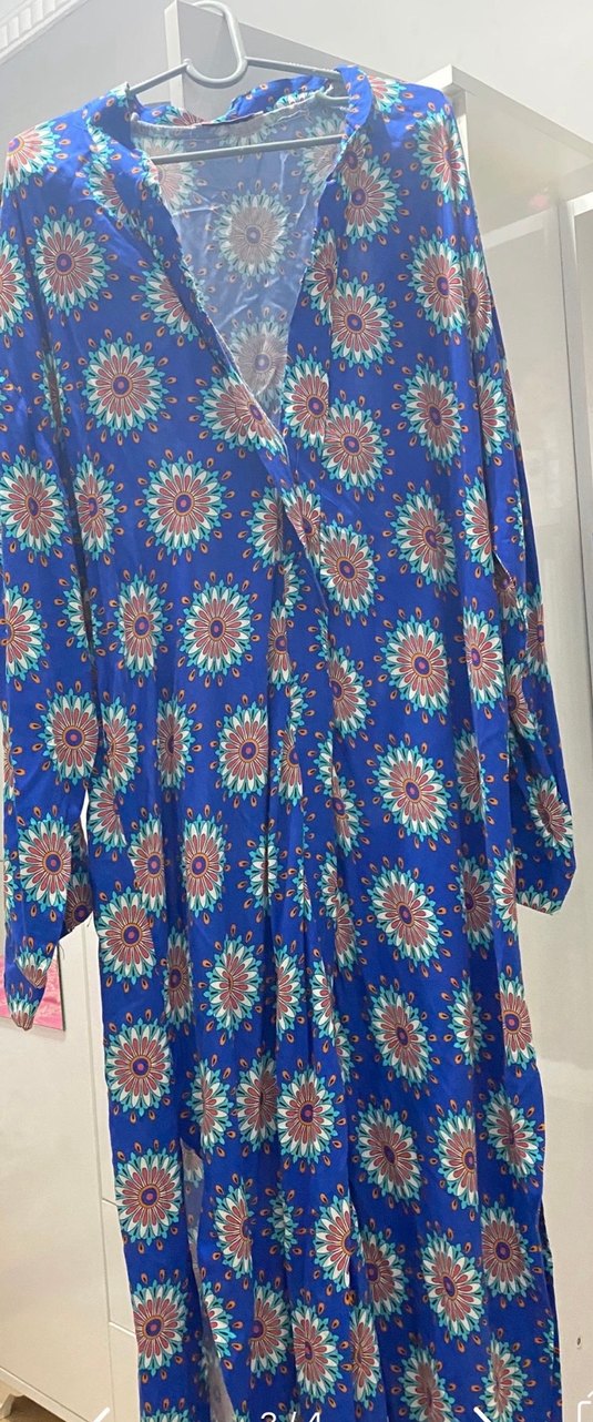 Mavi Çiçek Desenli Uzun Bohem Elbise - Görsel 3