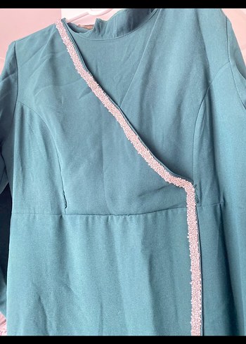 Turkuaz V Yakalı Uzun Kollu Abiye Elbise - Görsel 2