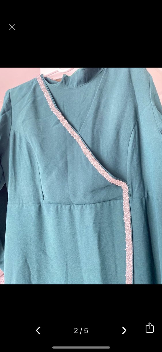 Turkuaz V Yakalı Uzun Kollu Abiye Elbise - Görsel 2