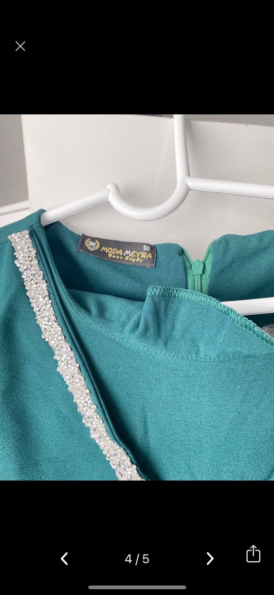 Turkuaz V Yakalı Uzun Kollu Abiye Elbise - Görsel 4