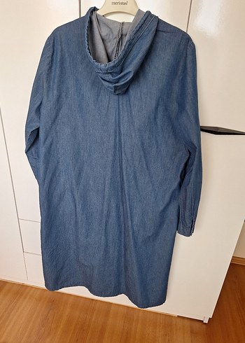 Kadın Uzun Denim Ceket Kapüşonlu Düğmeli - Görsel 5