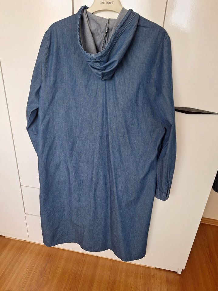 Kadın Uzun Denim Ceket Kapüşonlu Düğmeli - Görsel 5