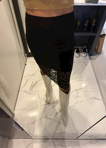 Siyah Dantel Detaylı Midi kalem Etek bershka - Görsel 5