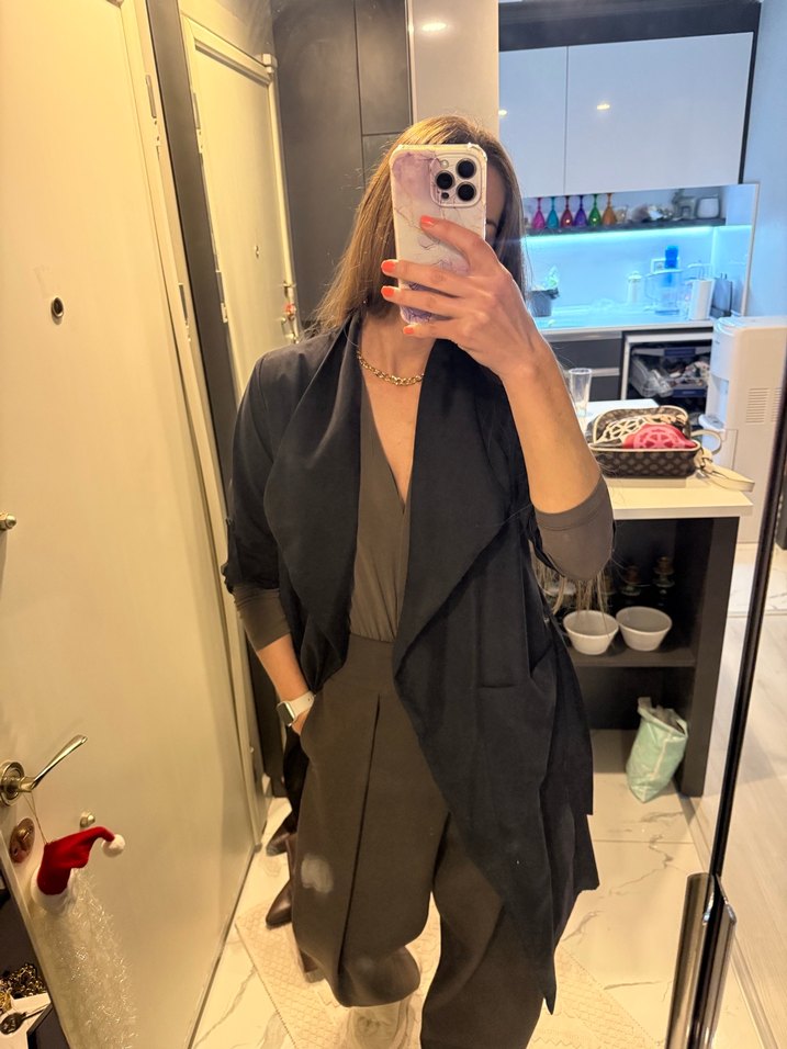 Siyah Kadın Kemerli trenckot  - Görsel 4