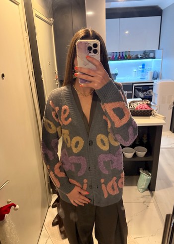 Gri Desenli Uzun Kollu Triko Hırka - Görsel 4