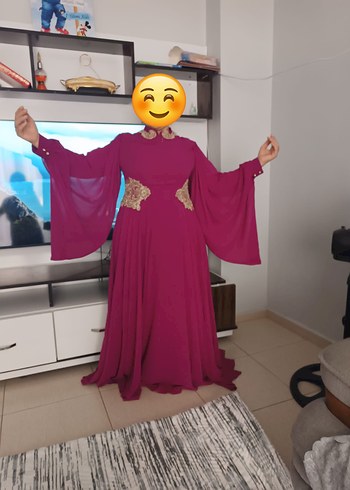 46 Beden pembe Renk Uzun Kollu Mor Bohem Kadın tesettür Abiye ,Elbise