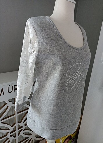 xl Beden gri Renk Gri sweatshirt kolları dantel kumaştan