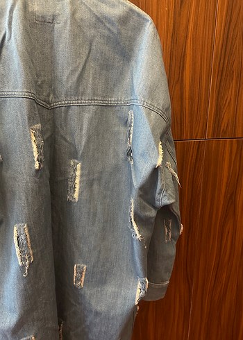Zara Düğmeli Uzun Mavi Kadın Denim Ceket - Görsel 8