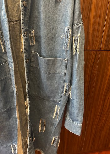 Zara Düğmeli Uzun Mavi Kadın Denim Ceket - Görsel 3