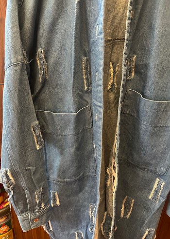 Zara Düğmeli Uzun Mavi Kadın Denim Ceket - Görsel 2