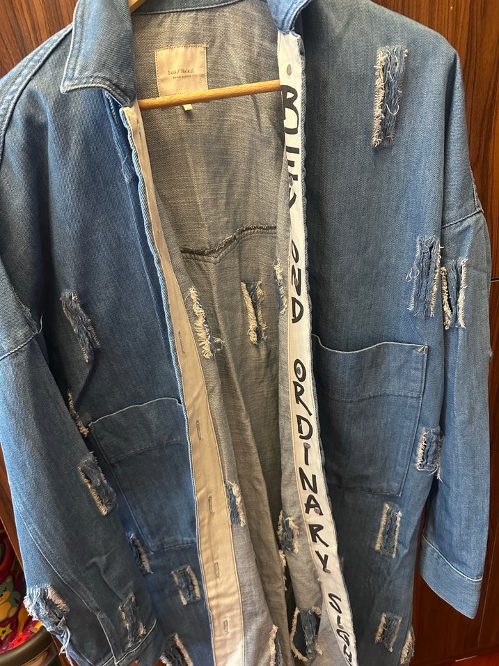 Zara Düğmeli Uzun Mavi Kadın Denim Ceket - Görsel 5