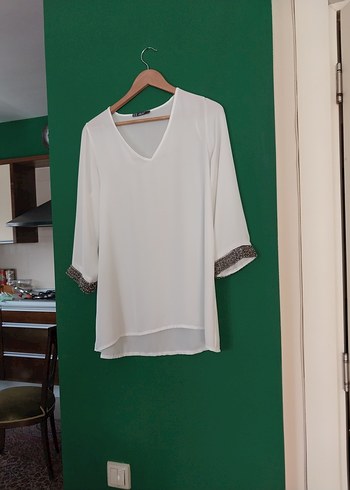 V Yaka Beyaz Bohem Uzun Kollu Bluz - Görsel 2
