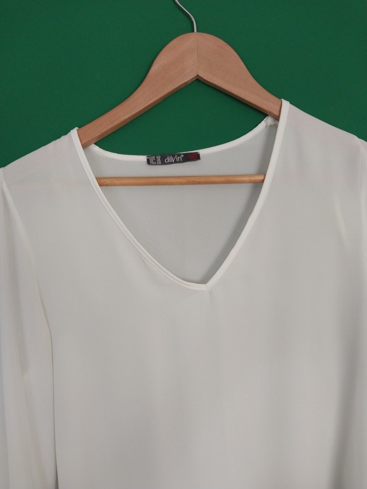 V Yaka Beyaz Bohem Uzun Kollu Bluz - Görsel 4