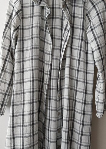 Gri Ekose Uzun Keten Kadın Gömlek - Görsel 2