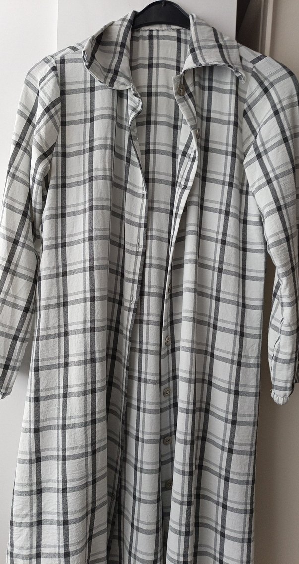 Gri Ekose Uzun Keten Kadın Gömlek - Görsel 2