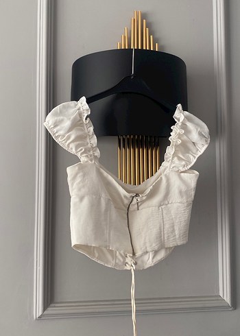Mango Ekru Firfirli Korse Crop Top