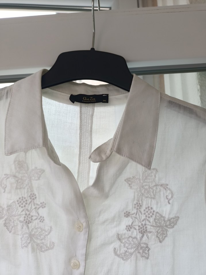 Düğmeli Beyaz Keten Midi Bohem Gömlek - Görsel 2