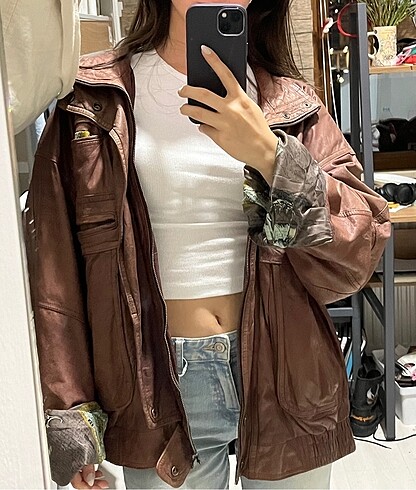 Oversize vintage kahverengi deri ceket