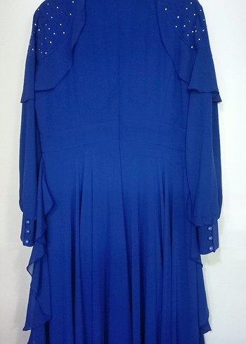 Uzun Kollu Mavi Tesettür Kadın Abiye Elbise - Görsel 4