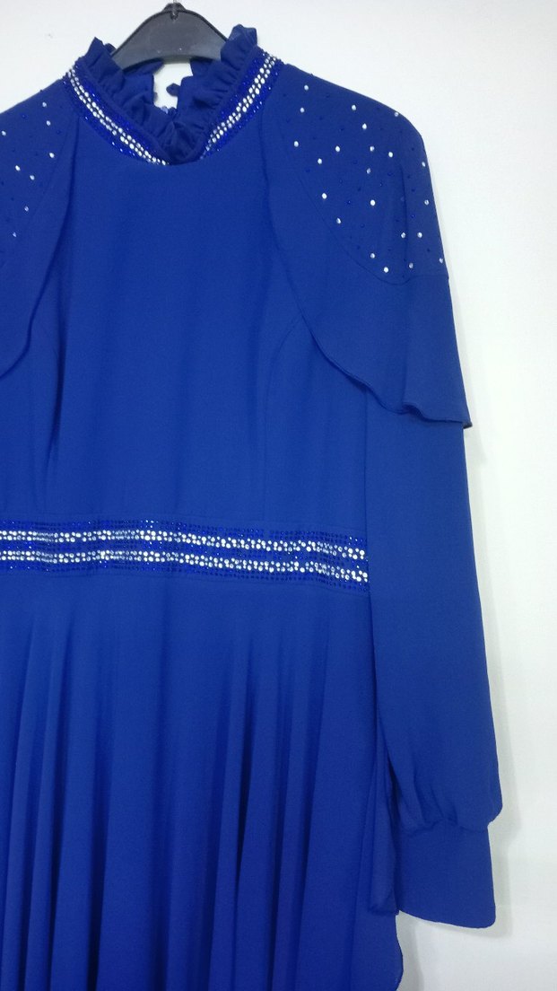 Uzun Kollu Mavi Tesettür Kadın Abiye Elbise - Görsel 2