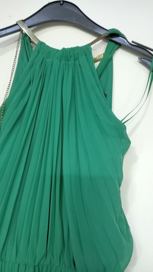 Zincir Detaylı Yeşil Uzun Abiye Elbise - Görsel 3