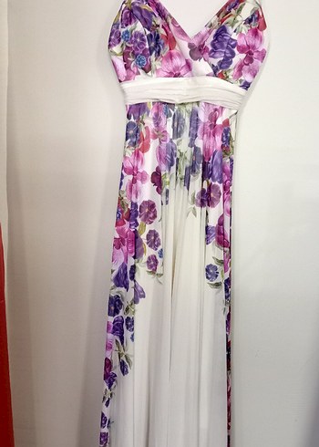 Mor Çiçek Desenli Uzun V Yakalı Elbise - Görsel 3