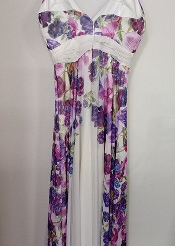 Mor Çiçek Desenli Uzun V Yakalı Elbise - Görsel 2