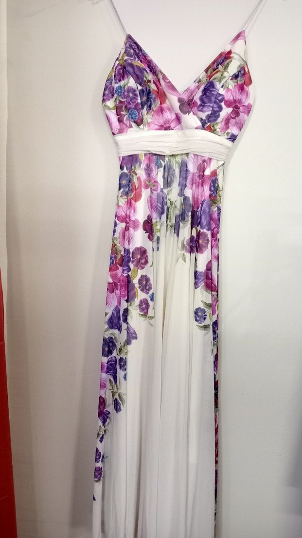 Mor Çiçek Desenli Uzun V Yakalı Elbise - Görsel 3