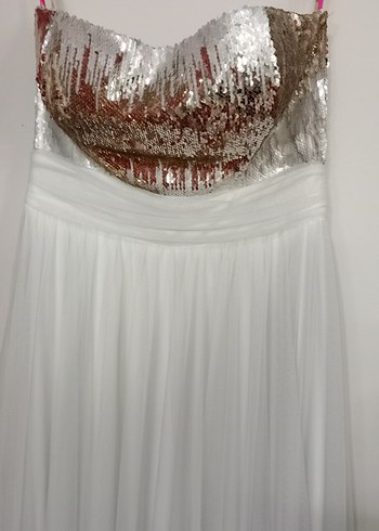 İşlemeli Straplez Uzun Beyaz Abiye Elbise - Görsel 2