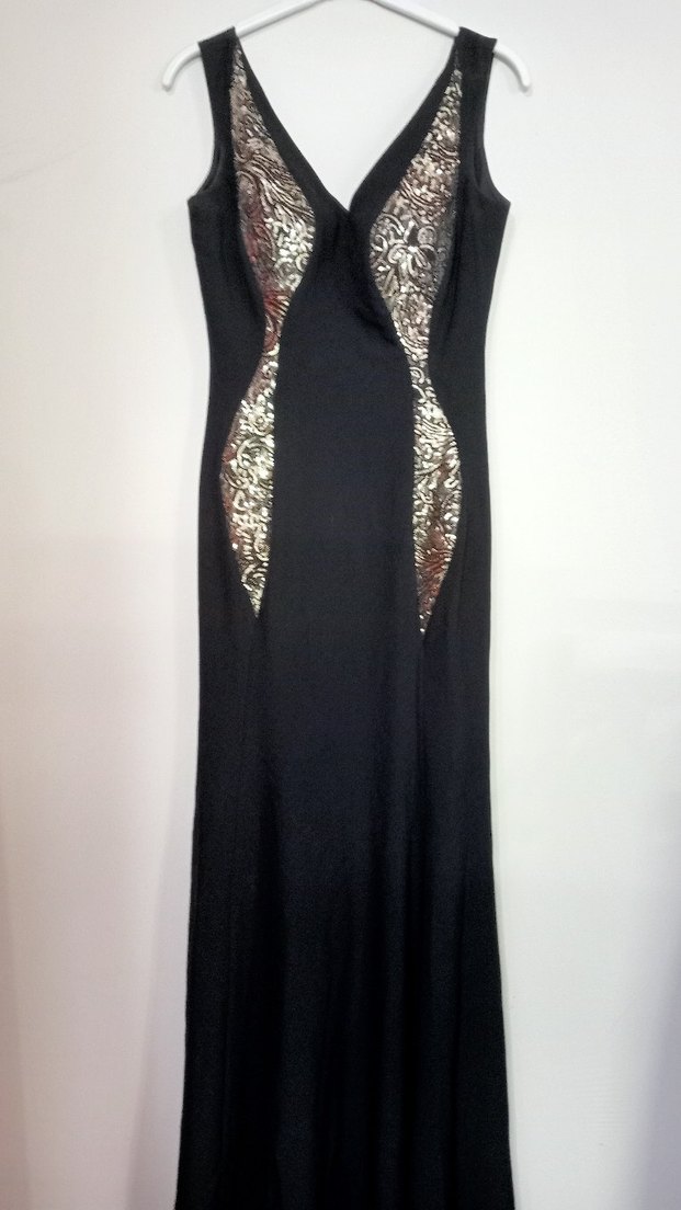 Desenli Siyah Uzun V Yaka Kadın Elbise - Görsel 2