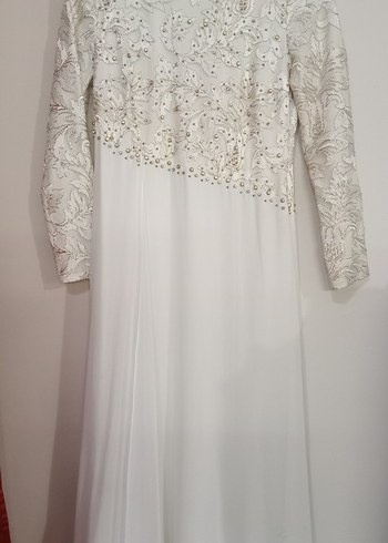 Uzun Kollu Boncuk İşlemeli Beyaz Tesettür Elbisesi - Görsel 2
