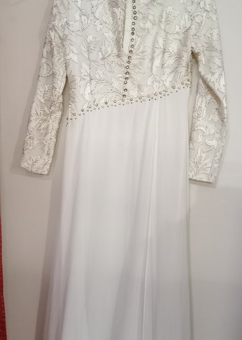 Uzun Kollu Boncuk İşlemeli Beyaz Tesettür Elbisesi - Görsel 4