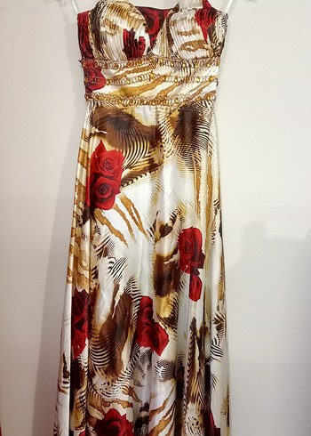 Desenli Drapeli Uzun Straplez Kadın Elbise - Görsel 2