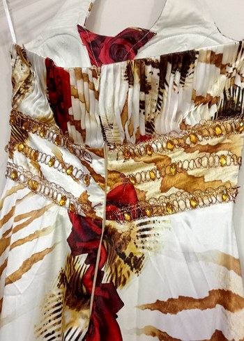 Desenli Drapeli Uzun Straplez Kadın Elbise - Görsel 3