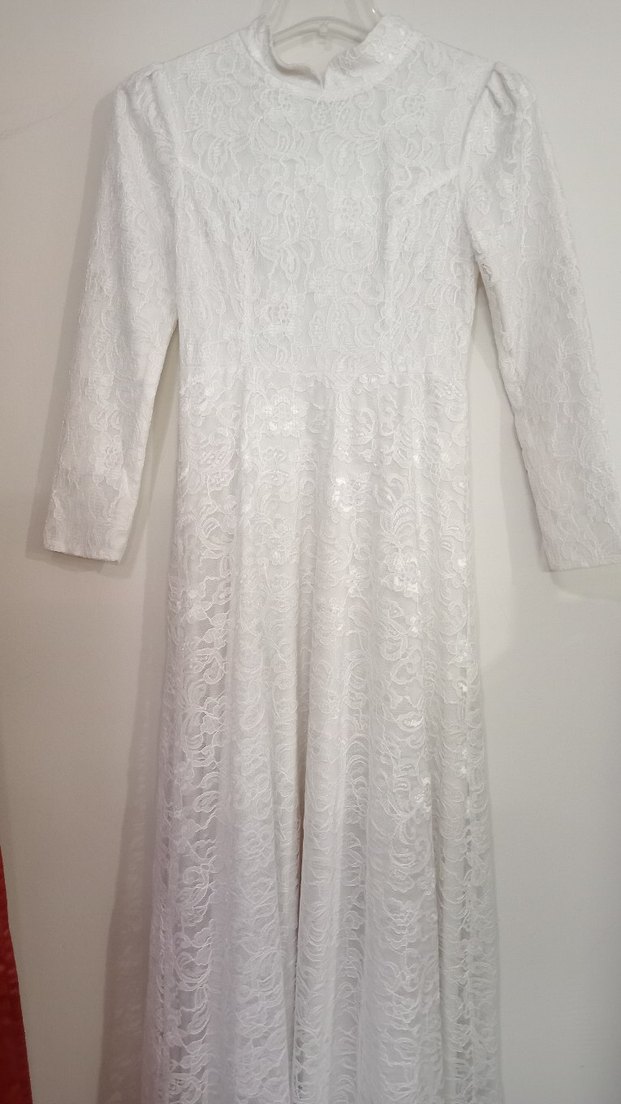 Dantel Detaylı Beyaz V Yaka Uzun Kollu Nişanlık - Görsel 2