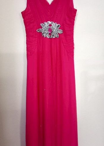 Pullu V Yaka Uzun Pembe Abiye Elbise - Görsel 4