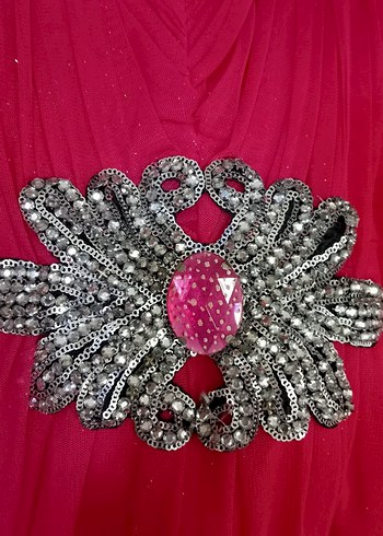 Pullu V Yaka Uzun Pembe Abiye Elbise - Görsel 3