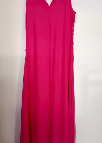 Pullu V Yaka Uzun Pembe Abiye Elbise - Görsel 5