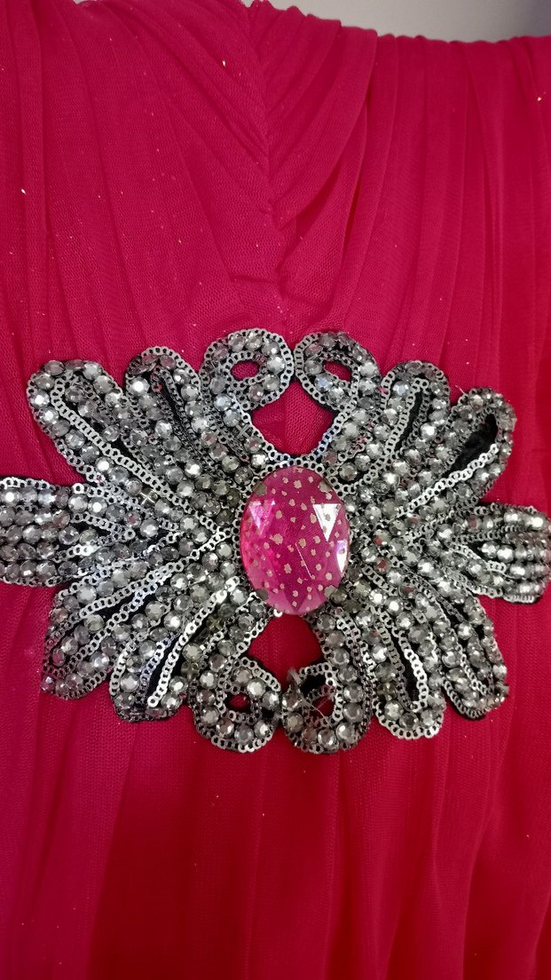 Pullu V Yaka Uzun Pembe Abiye Elbise - Görsel 3