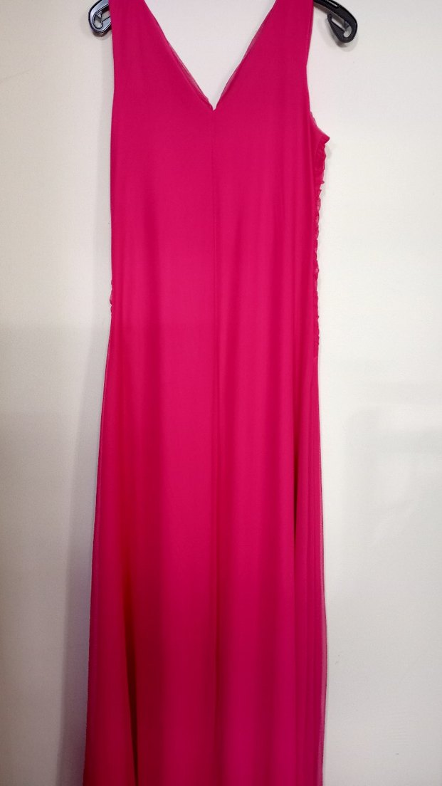 Pullu V Yaka Uzun Pembe Abiye Elbise - Görsel 5