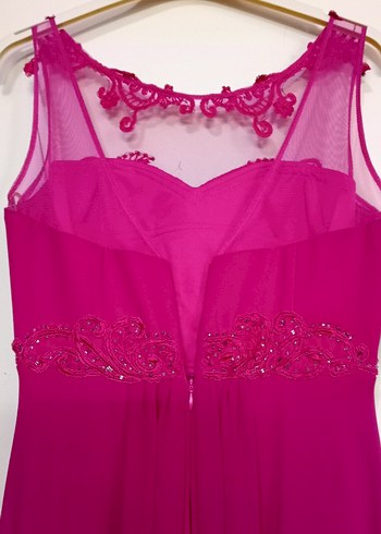 Pembe V Yaka Boncuk İşlemeli Abiye Elbise - Görsel 5