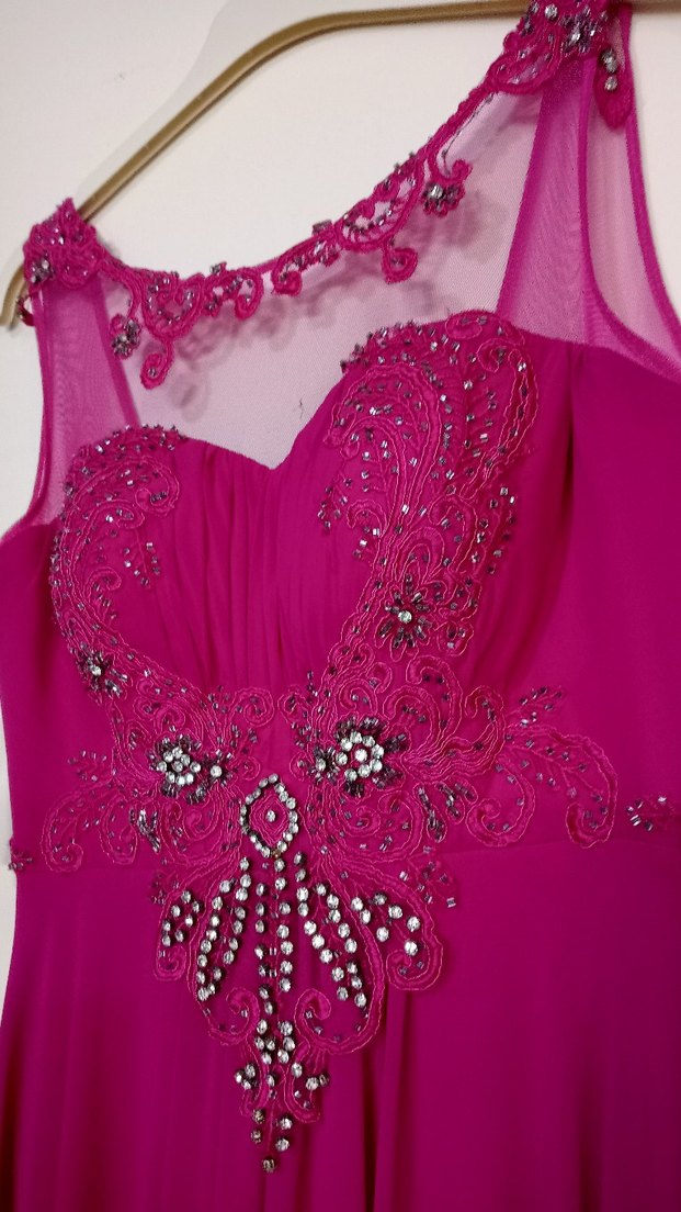 Pembe V Yaka Boncuk İşlemeli Abiye Elbise - Görsel 2