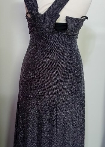 Gri V Yakalı Uzun Abiye Elbise - Görsel 3