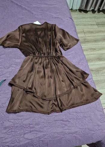 V Yaka Düğmeli Kahverengi Mini Elbise - Görsel 8