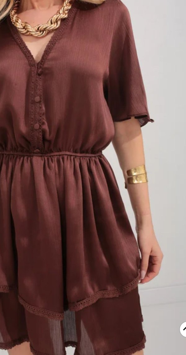 V Yaka Düğmeli Kahverengi Mini Elbise - Görsel 4