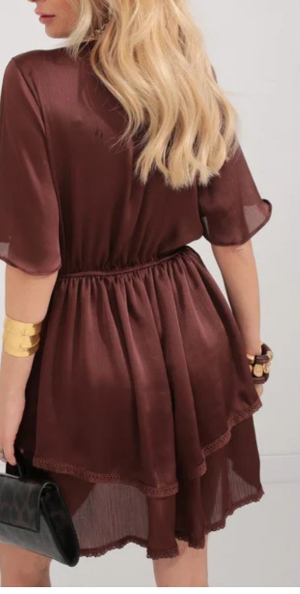 V Yaka Düğmeli Kahverengi Mini Elbise - Görsel 3