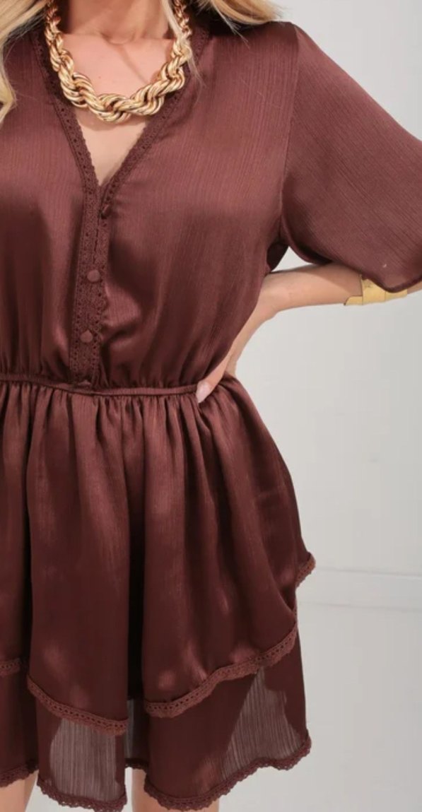 V Yaka Düğmeli Kahverengi Mini Elbise - Görsel 2