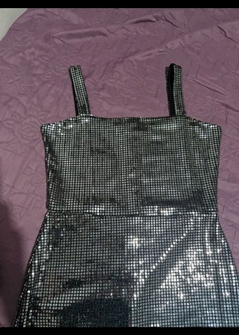 Payetli gümüş lame Midi Abiye Elbise - Görsel 4