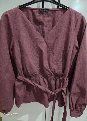 Kemerli Bordo Süet V Yaka Bluz - Görsel 6