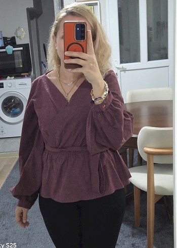 Kemerli Bordo Süet V Yaka Bluz - Görsel 2